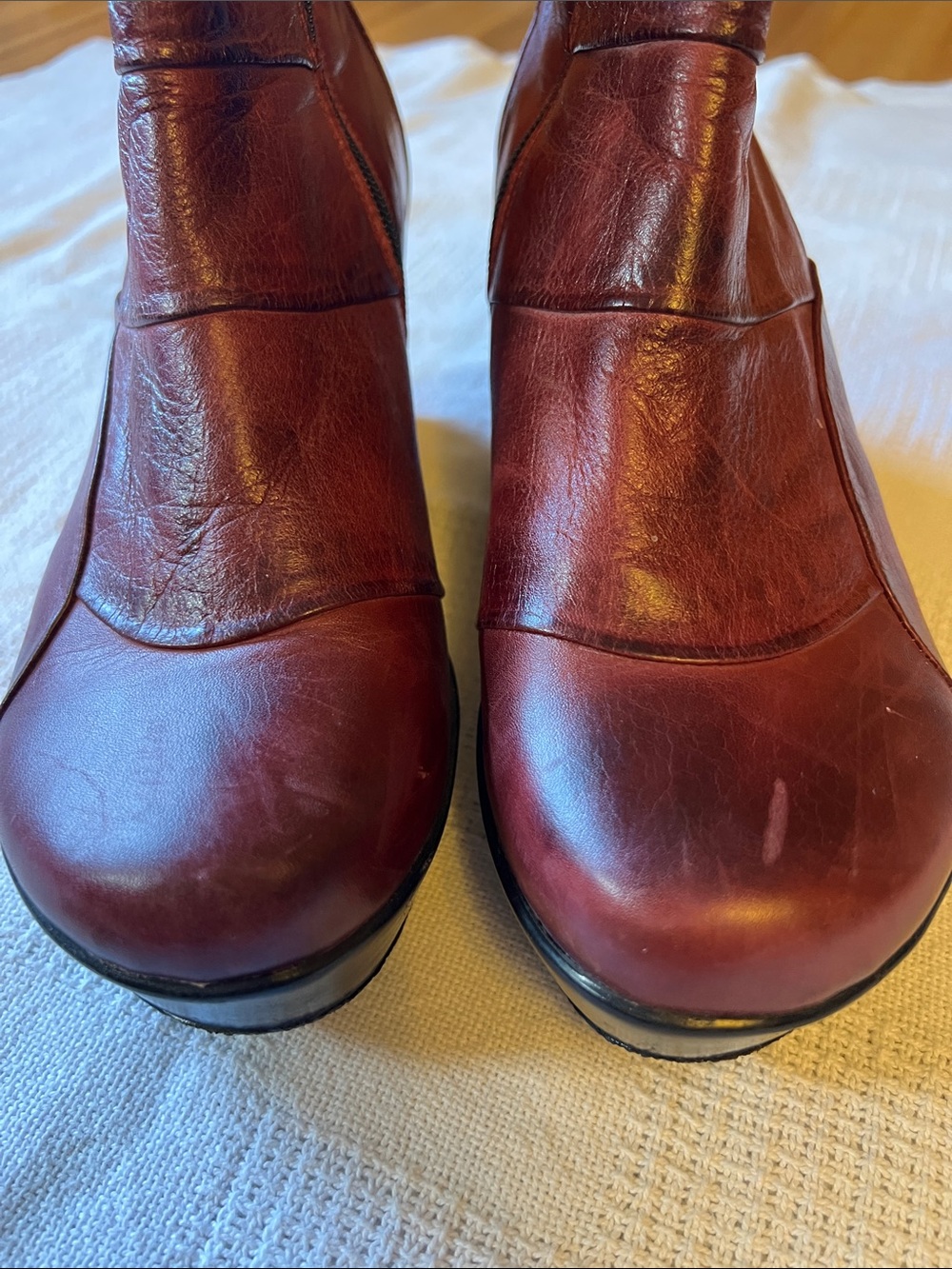 Maroon Leather Wedge Ankle Boots with Side Zippers - Picture 9 of 11